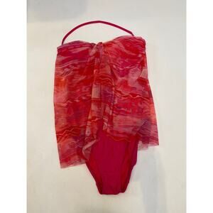 LRL One Piece Pink Red Halter Calypso Ikat Flyaway Bathing Suit NWT Sz 4 Women